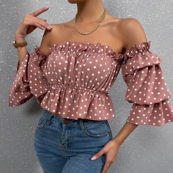 Dusty Pink Off Shoulder Polka Dot peplum Blouse - Picture 2 of 4